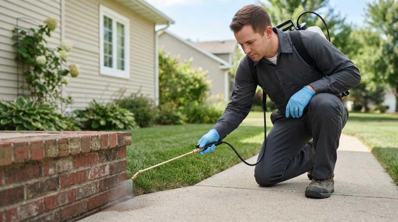 Pest control technician treating a home near Kingsford, MI
